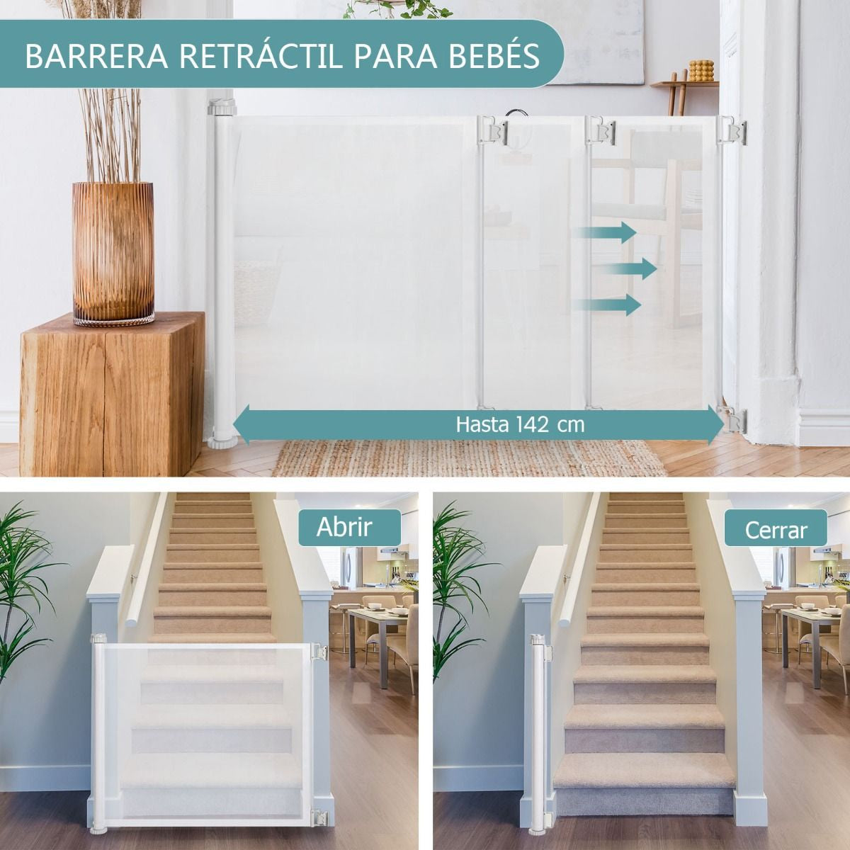 Cerca Para Niños Retráctil 0-140 Cm Valla De Seguridad Para Mascotas Panel Para Puerta Entrada Escalera 142 X 85,5 Cm Blanco